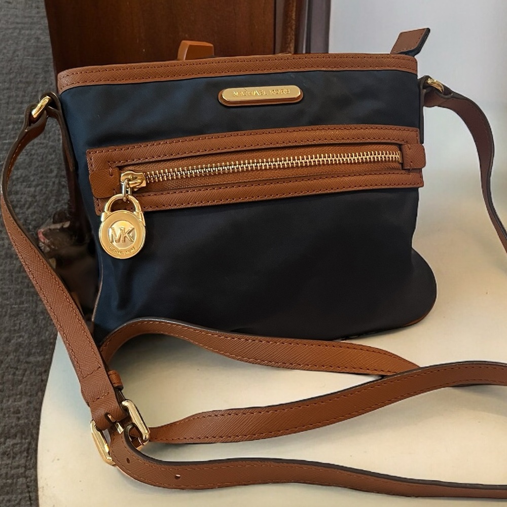 Michael Kors Nylon Navy Blue With Brown Leather Strap Small Crossbody Bag!!